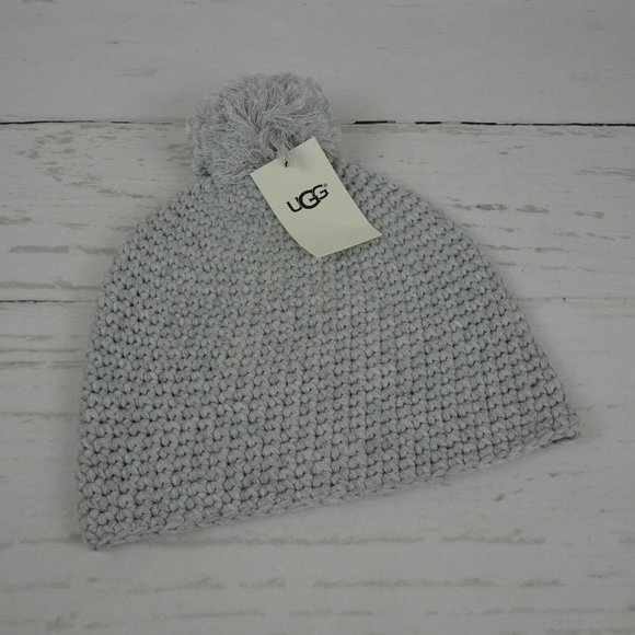 New UGG Pom Pom Knit Beanie Women's Men's Unisex Wool-Blend Logo OS Heather Grey - Picture 5 of 10